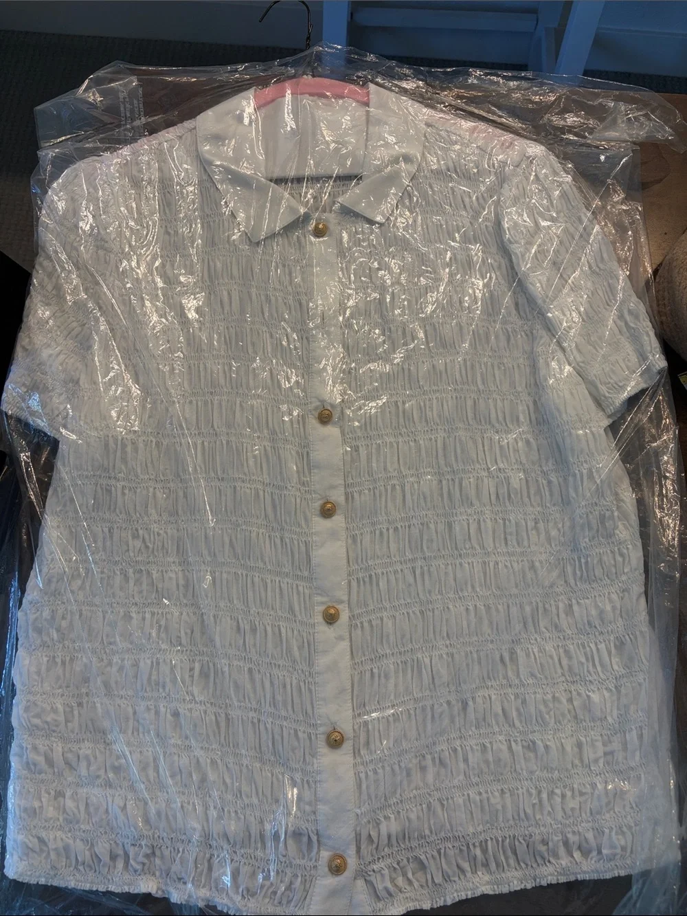 Worn once, J. Crew White Short-Sleeve Smocked Button-Down Shirt
